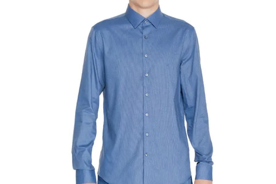 Blue button-up dress shirt with long sleeves for men summer smart casual outfits.