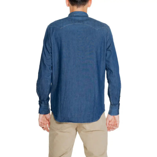 Blue denim button-up shirt from the back, featuring Replay Men Shirt design