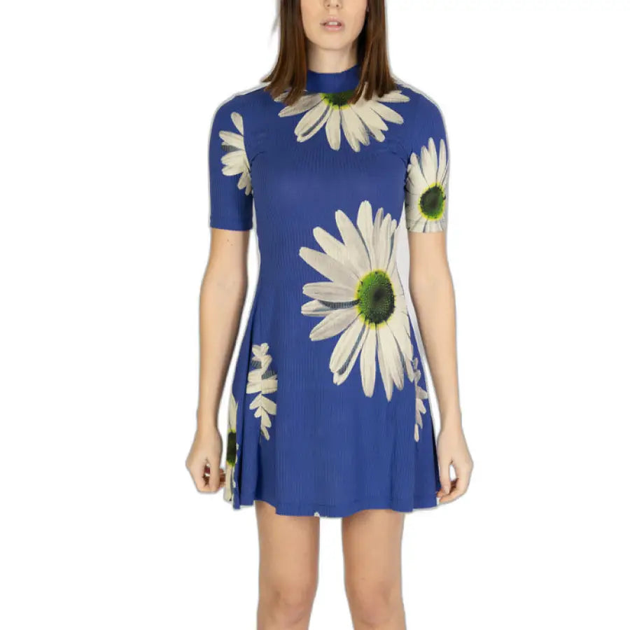 Desigual Women’s Blue Dress with Large White Daisy Print Pattern - Desigual Women Dress