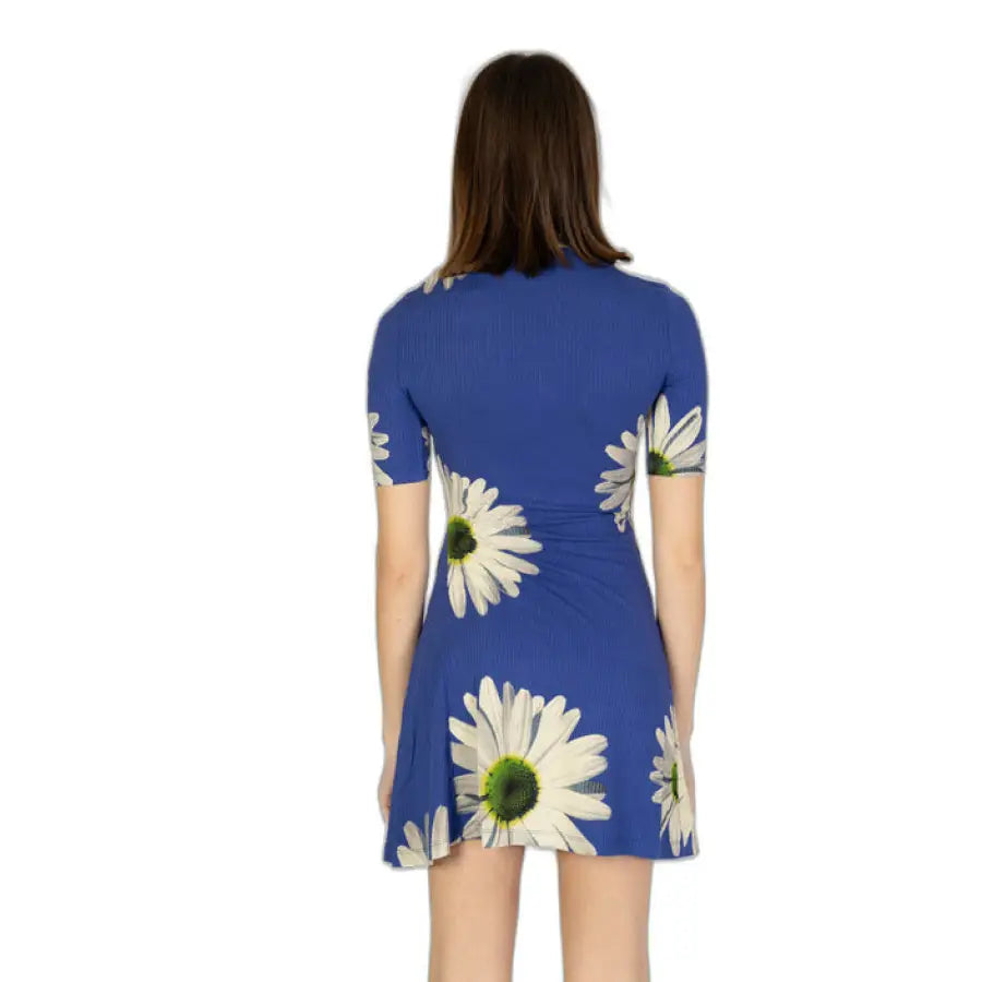 Desigual Women’s Dress: Blue with White Daisy Print, Model Facing Back