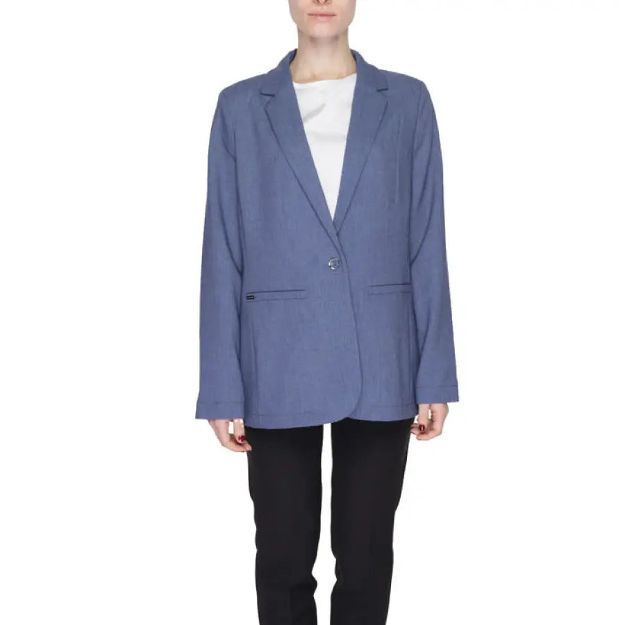 Blue-gray single-button blazer worn over white top from Street One - Women Blazer