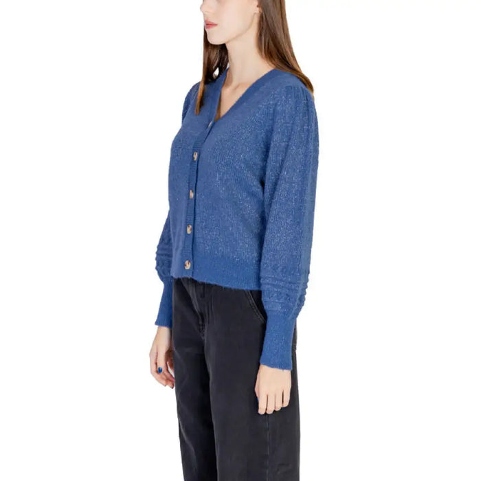 Blue knit cardigan sweater with buttons and ribbed cuffs by Vila Clothes for women