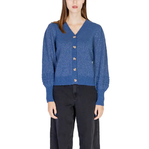 Blue knit cardigan sweater with gold buttons from Vila Clothes for women