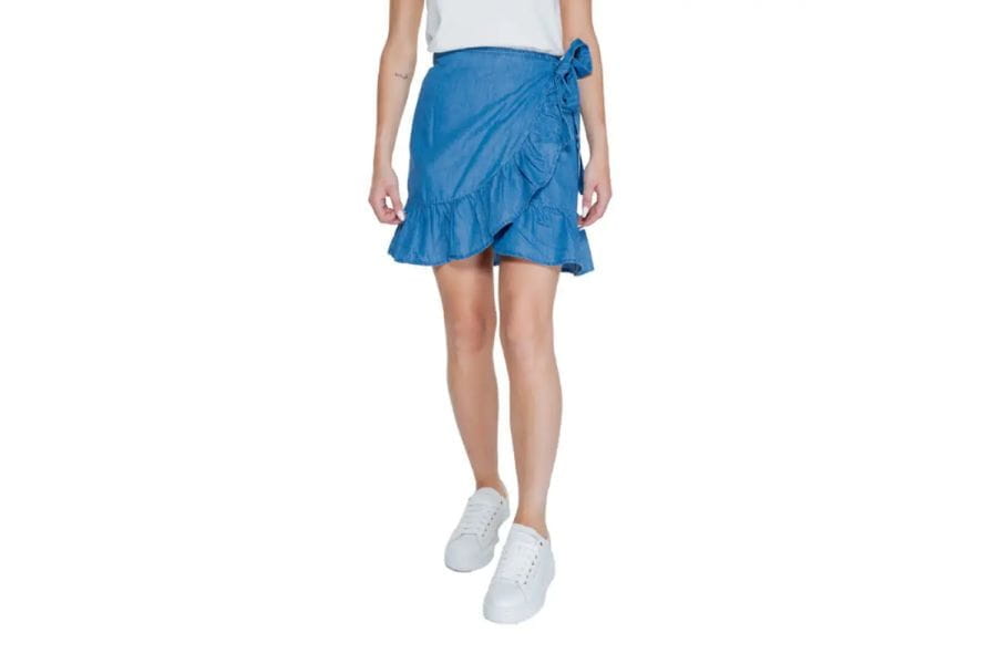 Blue wrap skirt with ruffle detail and side tie, ideal for summer outfit ideas to shop.