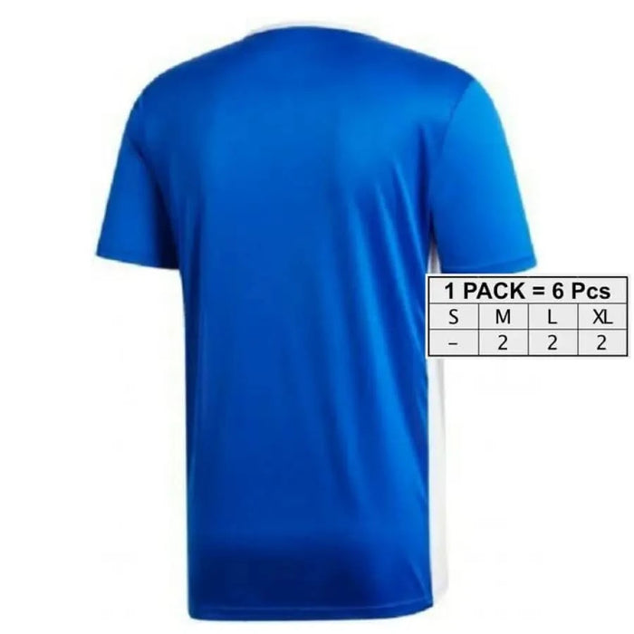 Bright blue Adidas Men’s T-shirt with short sleeves and size chart displayed beside it