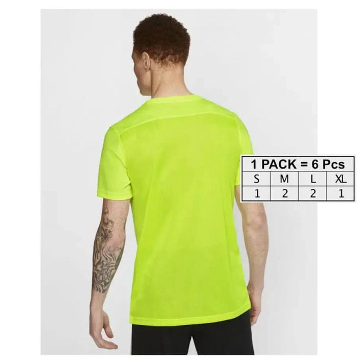 Bright neon yellow Nike Men T-Shirt worn by a person viewed from behind