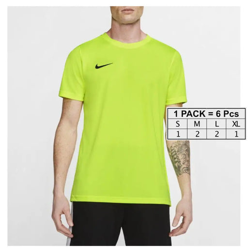 Bright neon yellow Nike Men T-Shirt displayed on a model in an urban setting