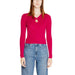 Bright pink keyhole neckline top and blue jeans from Only Women Knitwear