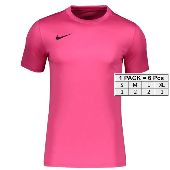 Bright pink Nike Men T-Shirt featuring short sleeves and a crew neck design