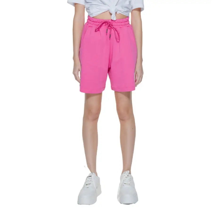 Bright pink drawstring shorts with white crop top and sneakers - Pharmacy Women Short