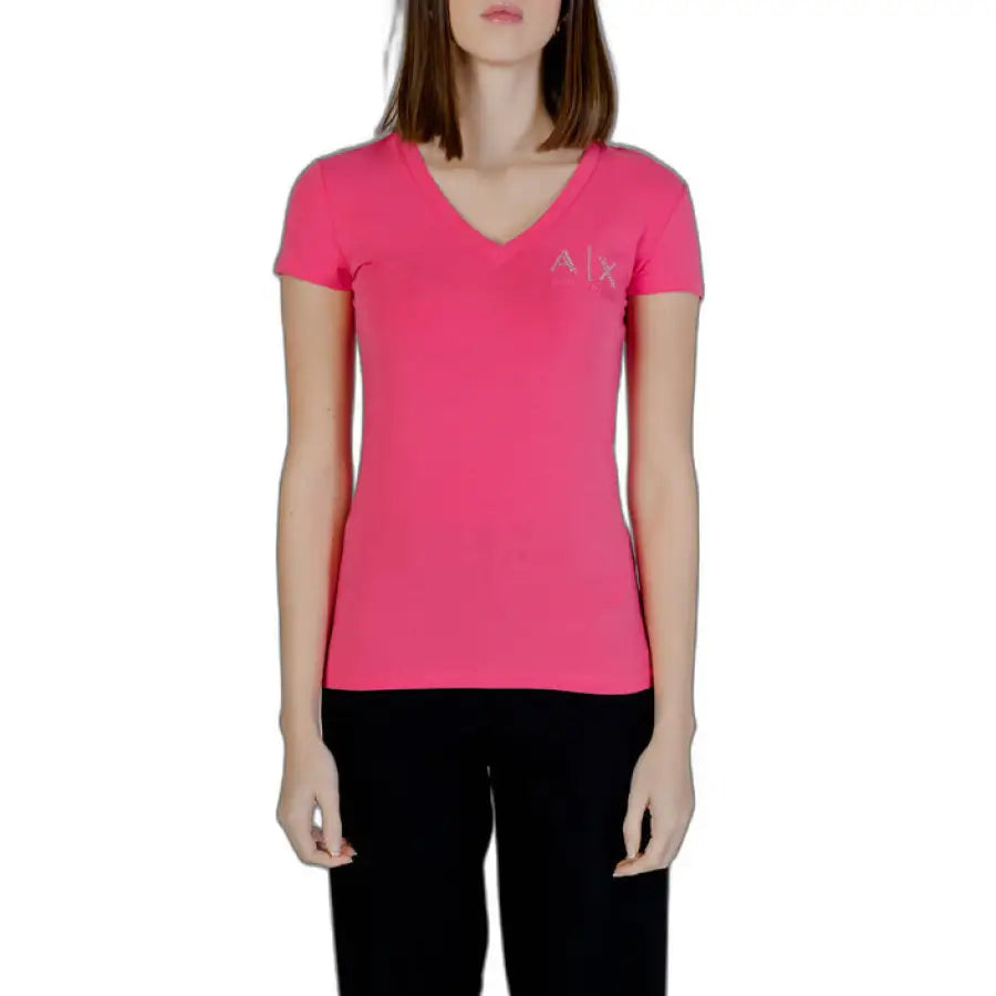 Armani Exchange Women’s Bright Pink V-neck T-shirt with A|X Logo