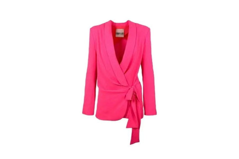 Bright pink wrap-style blazer with tie waist featured in Retro Style Outfit Ideas article.