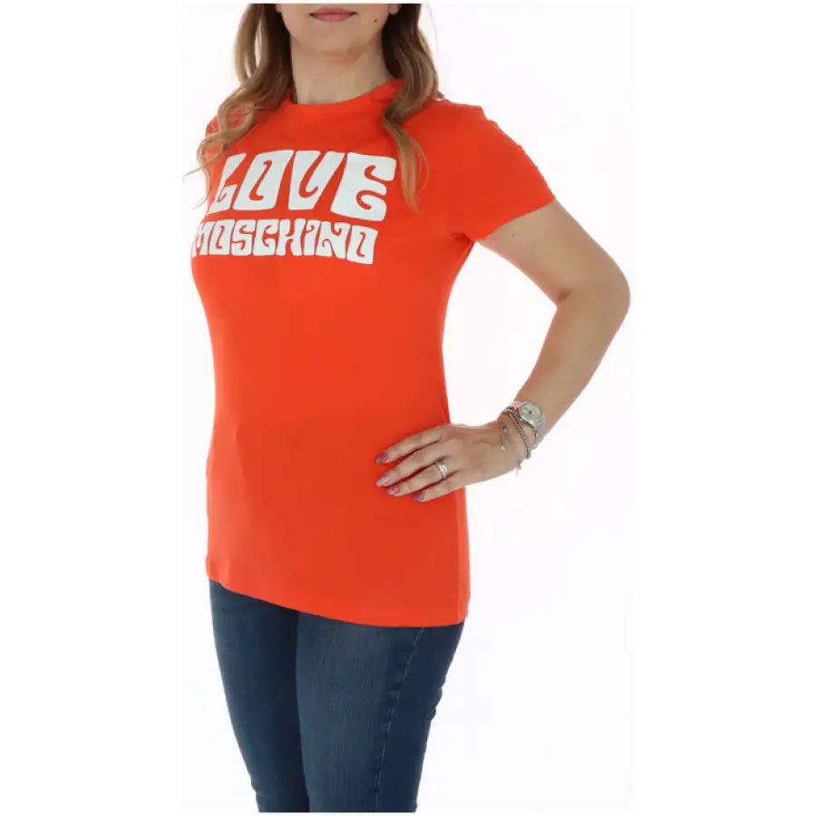Bright red ’LOVE MOSCHINO’ women’s t-shirt with white text print