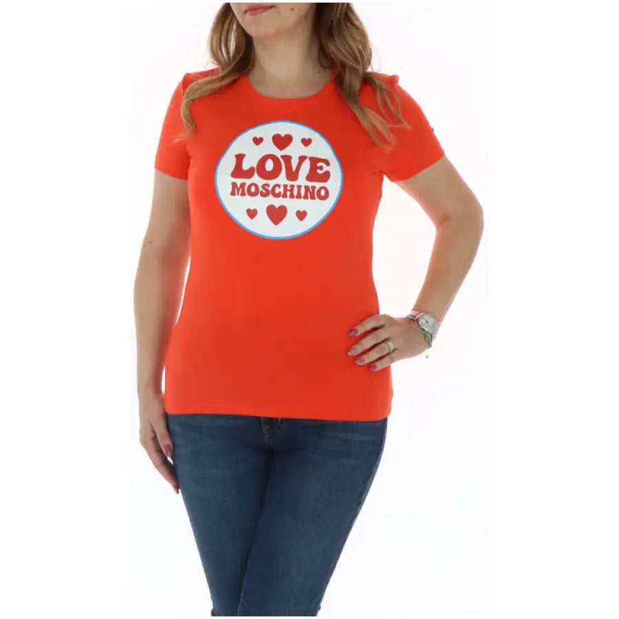 Bright red Love Moschino T-shirt with heart logo for women