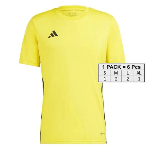 Bright yellow Adidas sports t-shirt with black logo and side stripes for men