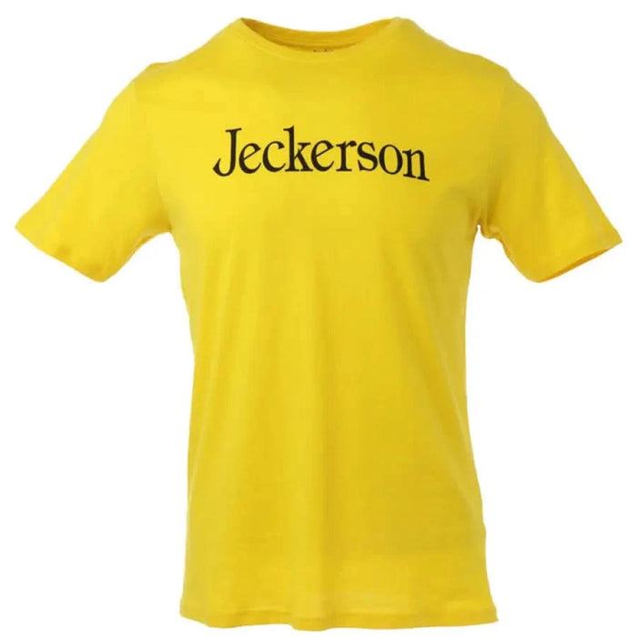 Bright yellow Jeckerson Men T-Shirt with black Jeckerson text across the chest