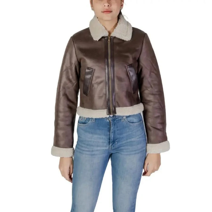 Brown faux leather bomber jacket with cream sherpa collar and cuffs from Only Women