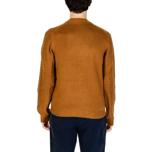 Brown knit sweater displayed from the back, featured in Hamaki-ho Men Knitwear