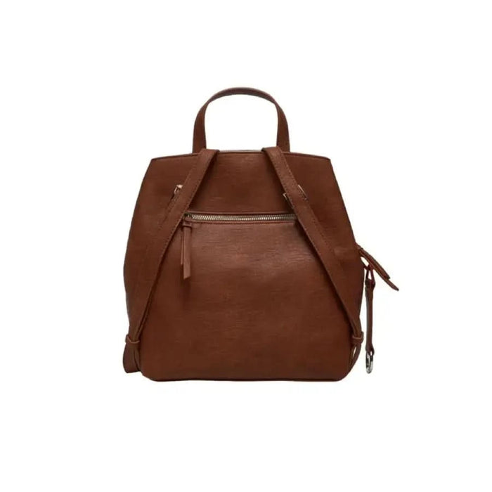 Brown leather backpack with front zipper pocket and adjustable straps by Desigual