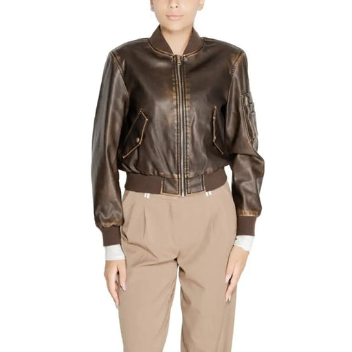 Brown leather bomber jacket with zipper and ribbed collar from Only Women