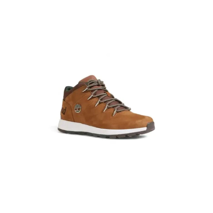 Brown leather Timberland hiking boot with gray laces and white sole for men