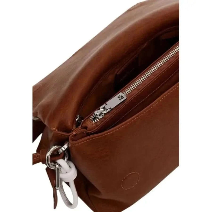 Brown leather handbag with silver zipper and metal hardware from Desigual Women Bag