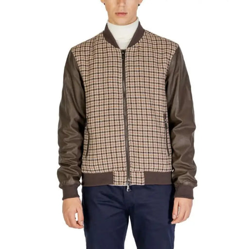 Brown leather and plaid bomber jacket with ribbed collar by Gianni Lupo for women