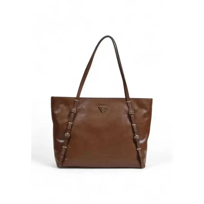 Brown leather tote bag with decorative side straps and triangular logo by Guess