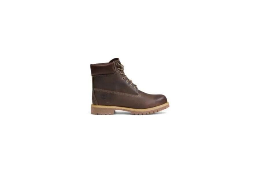 Brown leather work boot with thick rubber sole and lace-up design for men’s wardrobe.