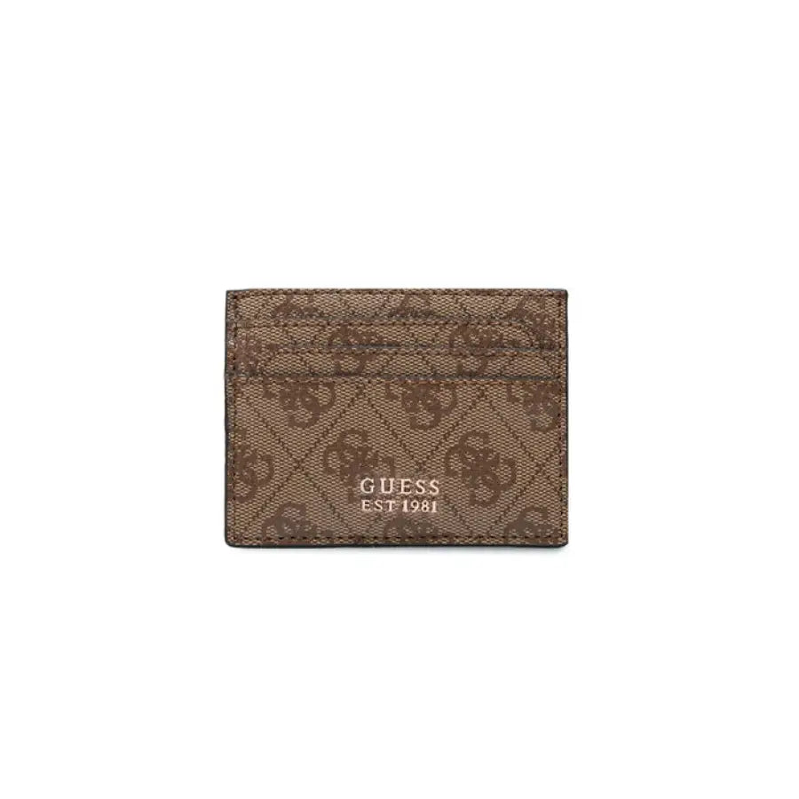 Brown patterned Guess card holder with brand name and year, from Guess Women Wallet