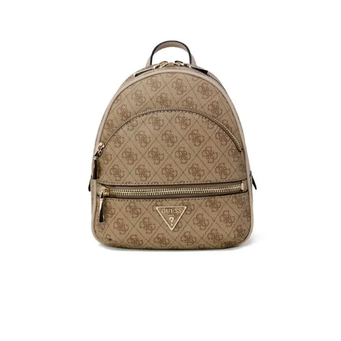 Brown patterned Guess backpack featuring gold-toned hardware and zipper details