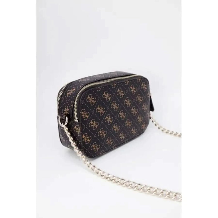 Brown patterned Guess Women Bag with silver chain strap for stylish accessories