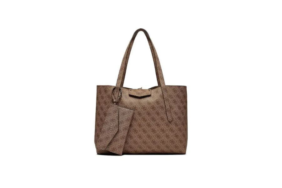 Brown patterned leather tote bag with double handles for summer work outfits and accessories.