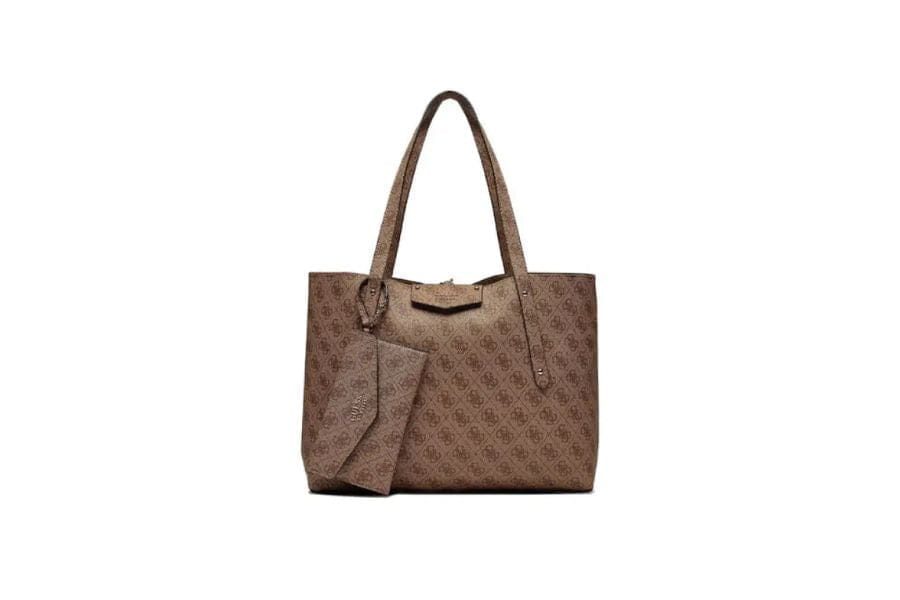 Brown patterned leather tote bag with pouch enhances summer work outfits for professionals.