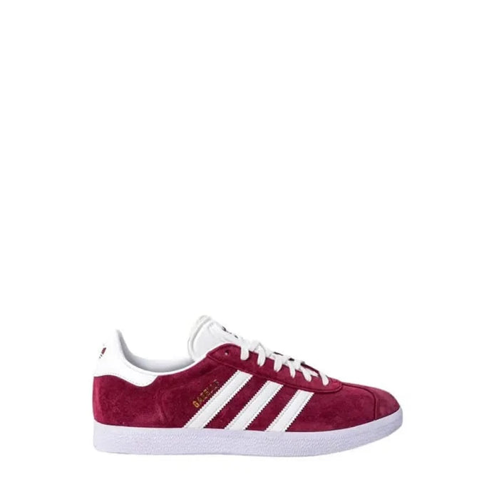 Burgundy Adidas Gazelle sneakers with white stripes and sole for women