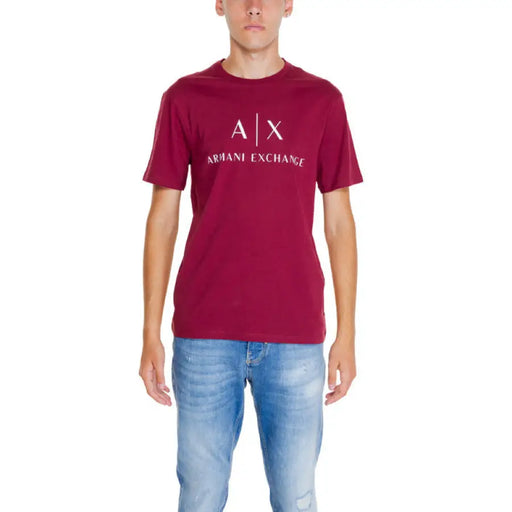 Burgundy Armani Exchange logo t-shirt with light blue jeans for a stylish outfit