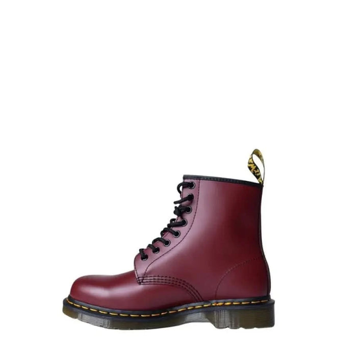 Burgundy leather combat boot with black laces and yellow stitching - Dr. Martens Women Boots