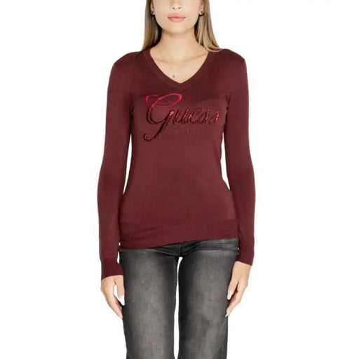 Burgundy long-sleeved V-neck sweater with Guess logo embroidered, part of Guess Women Knitwear