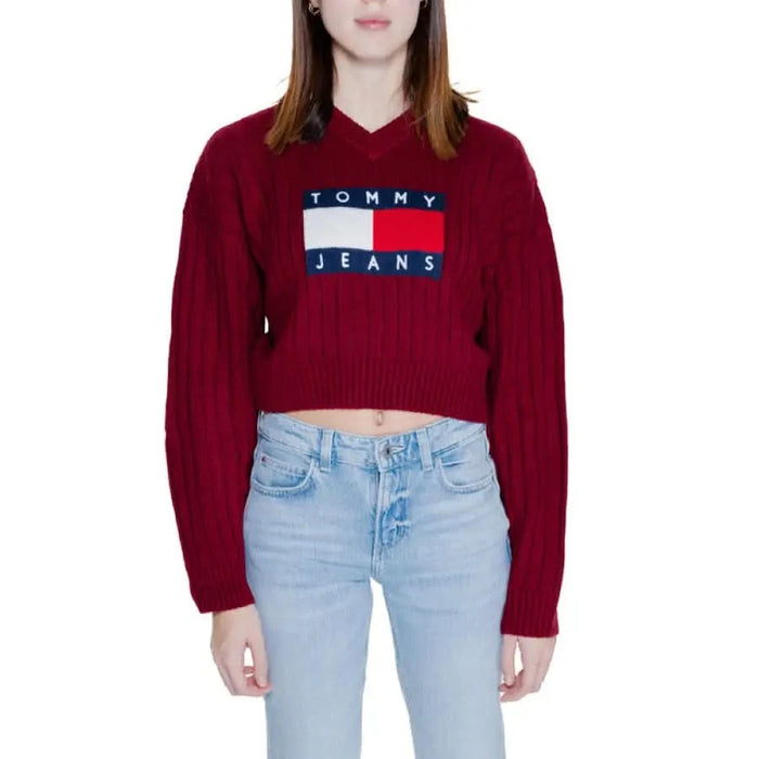 Burgundy Tommy Jeans cropped sweater with light blue jeans from Tommy Hilfiger Women Knitwear