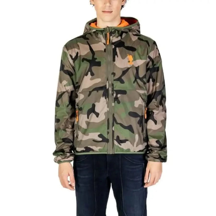 Camouflage hooded jacket with orange accents and full front zipper by U.S. Polo Assn