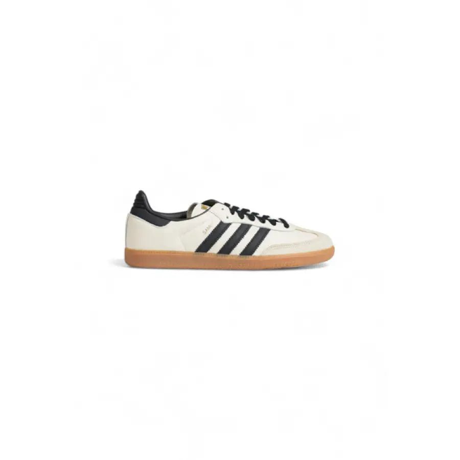 Classic Adidas Samba sneaker with white leather upper, black stripes, and gum sole