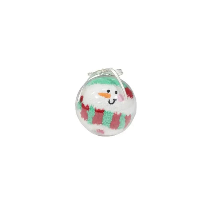 Clear glass Christmas ornament with a snowman and red green stripes design