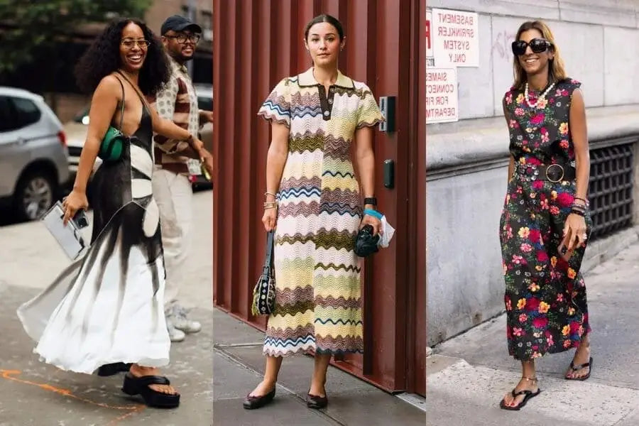 Collage of three women showcasing stylish summer outfits for a holiday wardrobe.