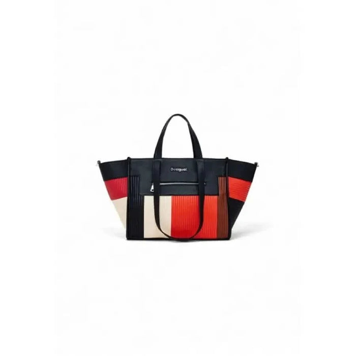 Colorblock handbag in black, red, and beige with leather handles by Desigual