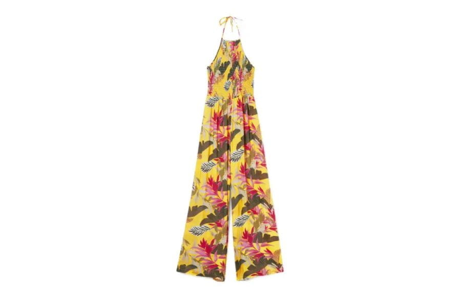 Colorful floral-print halter jumpsuit, perfect holiday outfit for your capsule wardrobe.