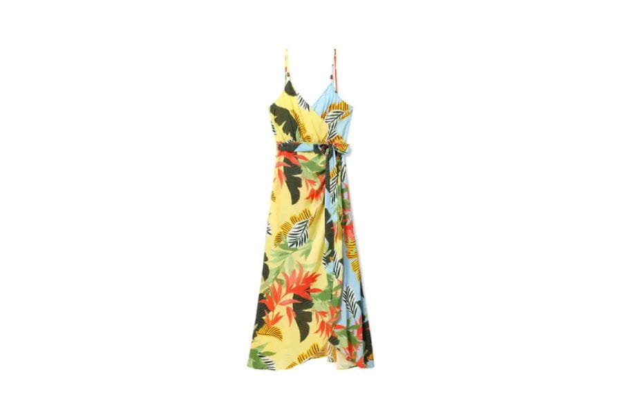 Colorful floral print sundress with spaghetti straps, ideal holiday outfit for casual outings.