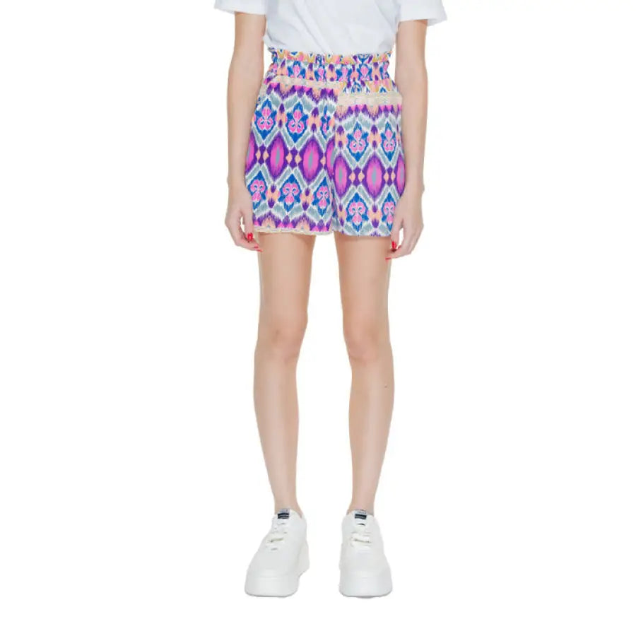 Vibrant ikat-style mini skirt in purple, blue, and pink by Only Women Short