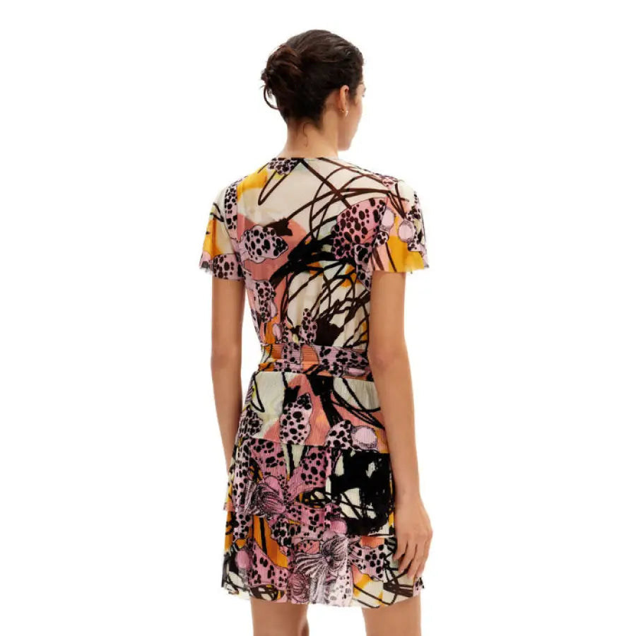 Desigual Women’s Dress - Colorful patterned short dress worn by woman, back view