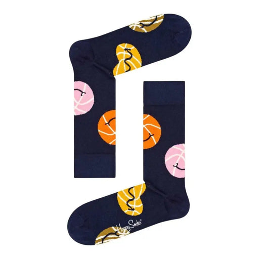 Colorful Happy Socks featuring smiling face designs on a navy background