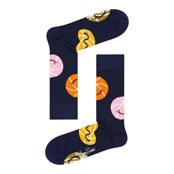 Colorful Happy Socks featuring smiling face designs on a navy background